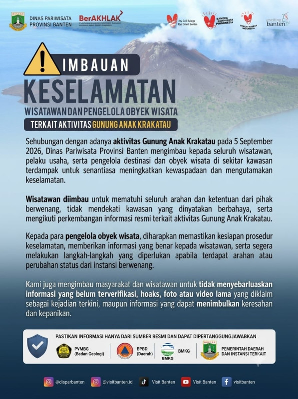 Dinas Pariwisata Banten Imbau Wisatawan Waspada Aktivitas Gunung Anak Krakatau