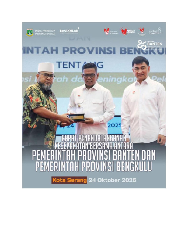 Rapat Penandatanganan Kesepakatan Bersama antara Pemerintah Provinsi Banten dan Pemerintah Provinsi Bengkulu tentang Pengembangan Daerah dan Peningkatan Pelayanan Publik dilaksanakan di Pendopo Gubernur Banten