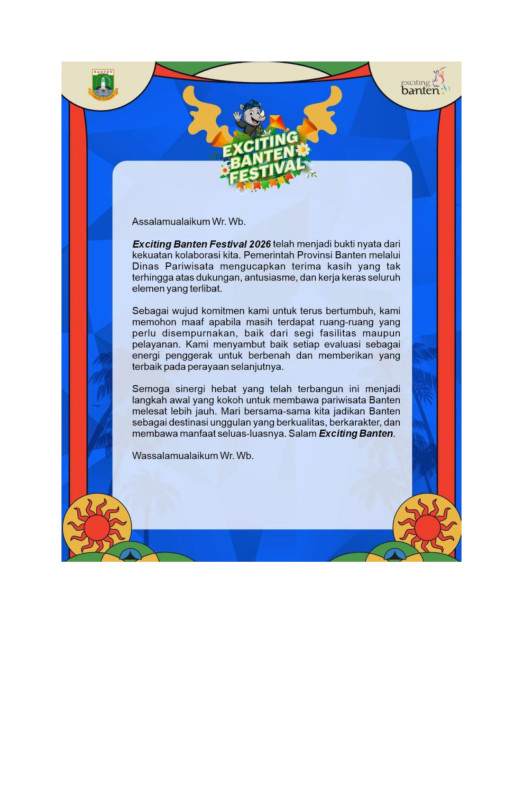 Ucapan Terima Kasih Atas Penyelenggaraan dan masukan terhadap kegiatan Festival Exciting Banten yang dimulai dari Tanggal 21 - 22 Juni hingga 27 - 28 Juni 2026
